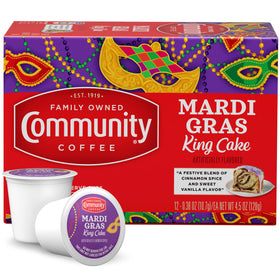 Community Coffee Mardi Gras King Cake pods pack ready for quick Keurig brewing