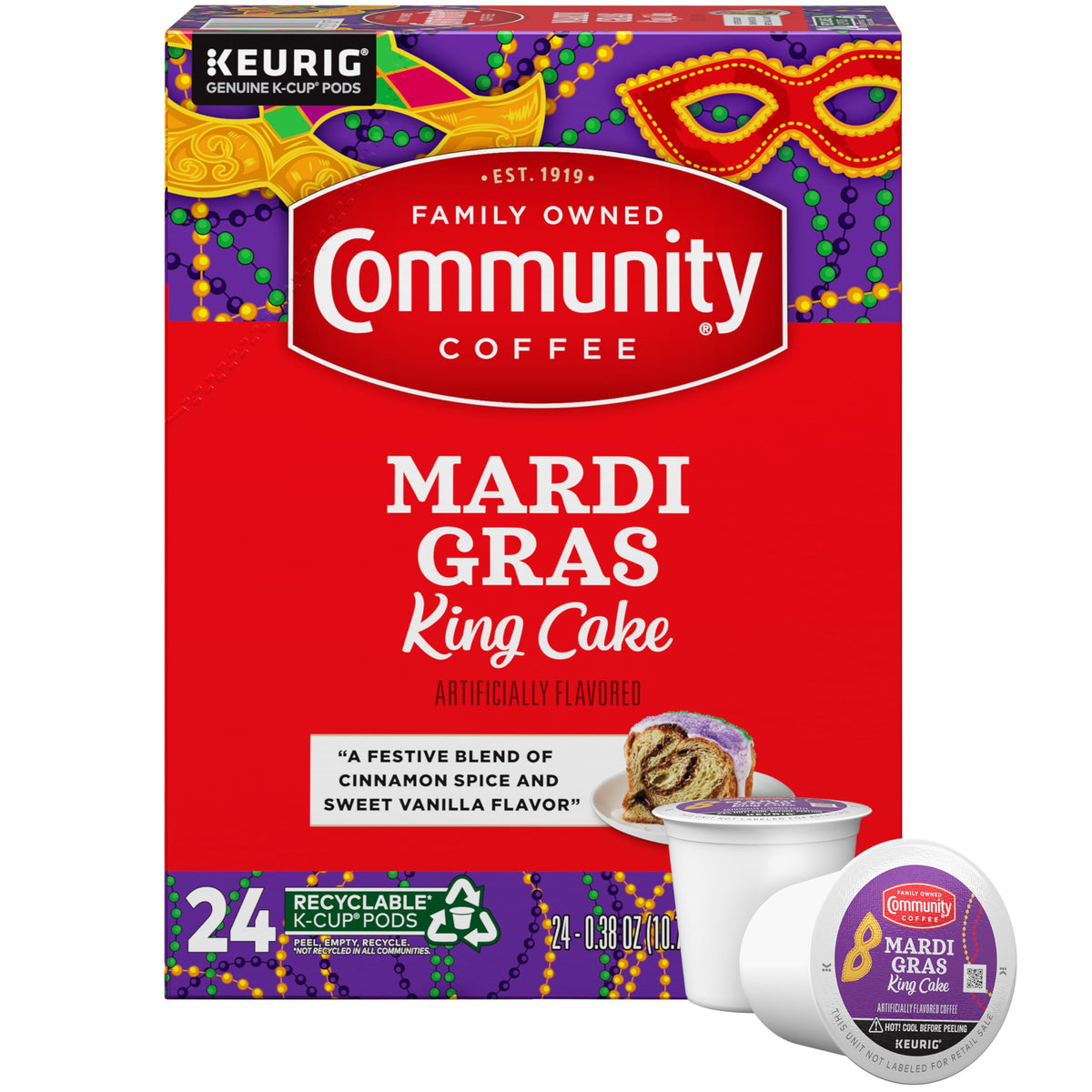 Community Coffee Mardi Gras King Cake pods ready for quick Keurig brewing.