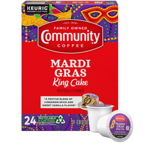 Community Coffee Mardi Gras King Cake pods ready for quick Keurig brewing.