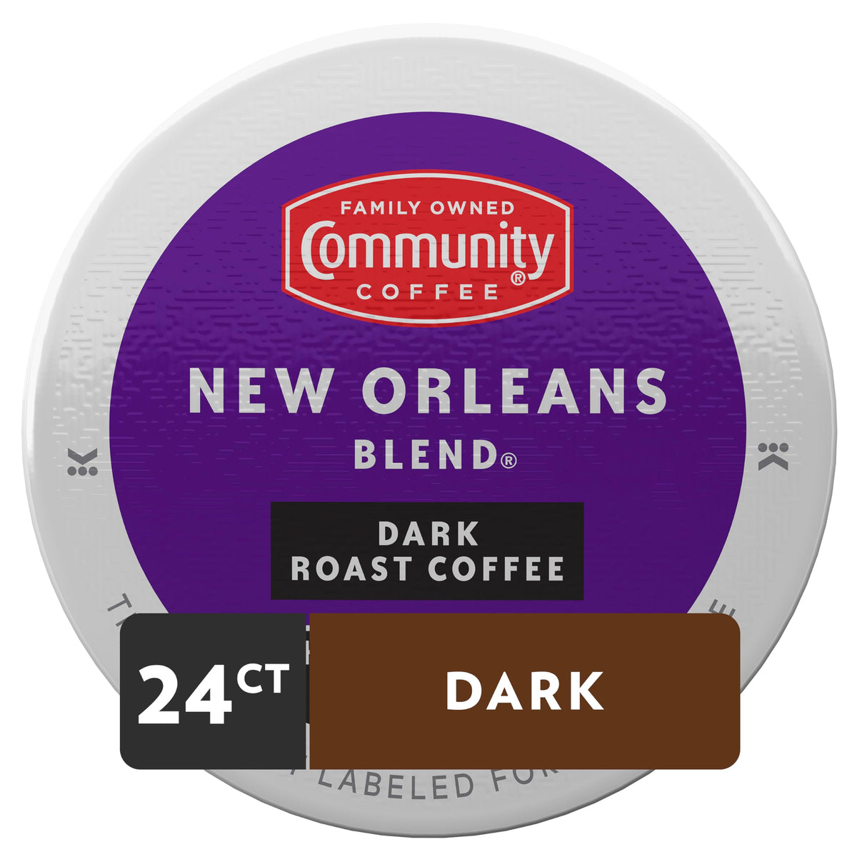 Community Coffee packaging box shows a 24-count supply.