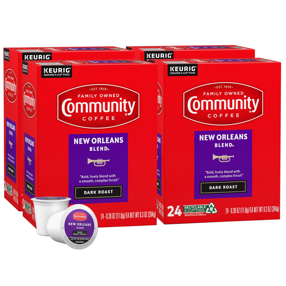 Community Coffee New Orleans Blend pod lineup for Keurig brewers—quick brew