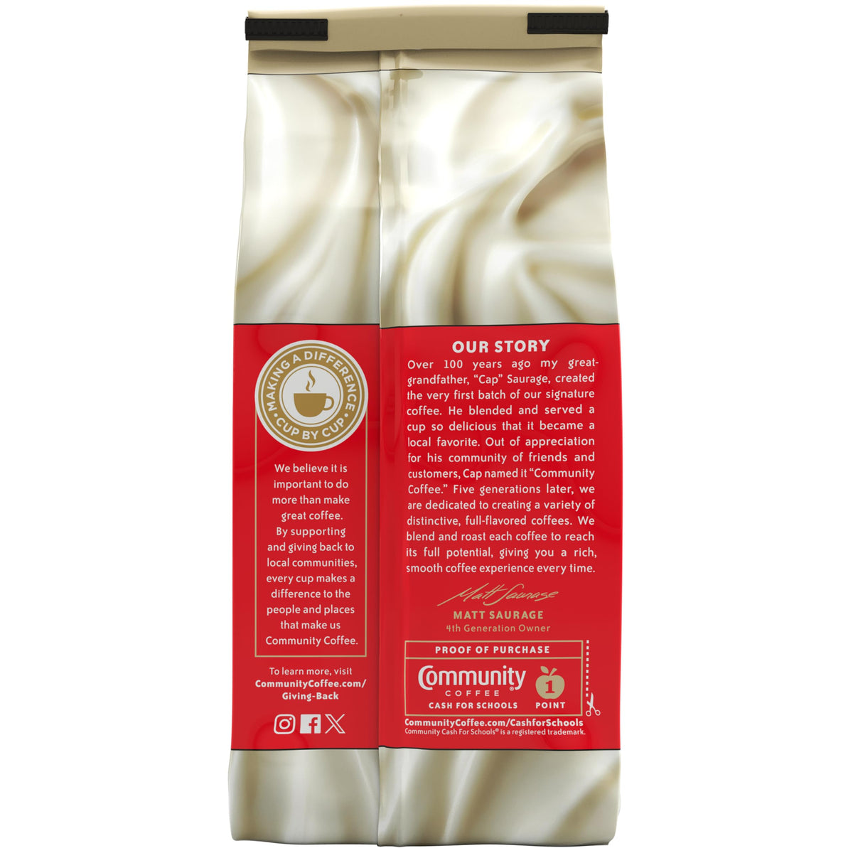 Community Coffee packaging close-up highlighting vanilla aroma and medium roast.