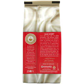 Community Coffee packaging close-up highlighting vanilla aroma and medium roast.