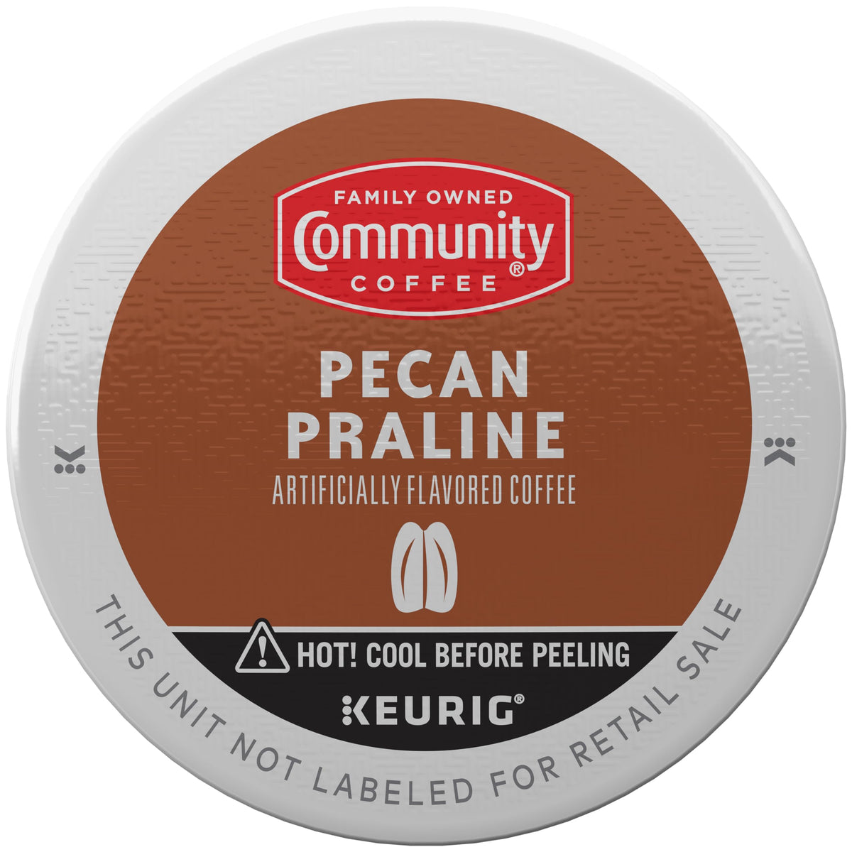 Community Coffee Pecan Praline box back view reveals flavor notes and sourcing.