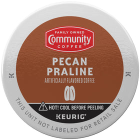 Community Coffee Pecan Praline box back view reveals flavor notes and sourcing.