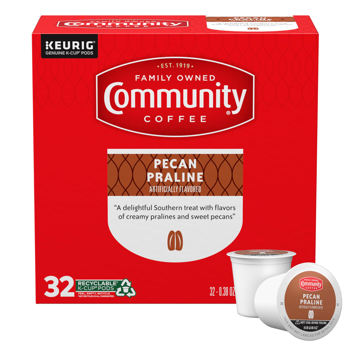 Community Coffee Pecan Praline K-Cups box front view highlights convenient 32-count packaging.