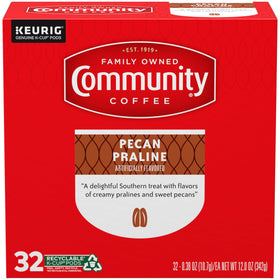 Community Coffee Pecan Praline K-Cups close-up shows premium single-serve pods.