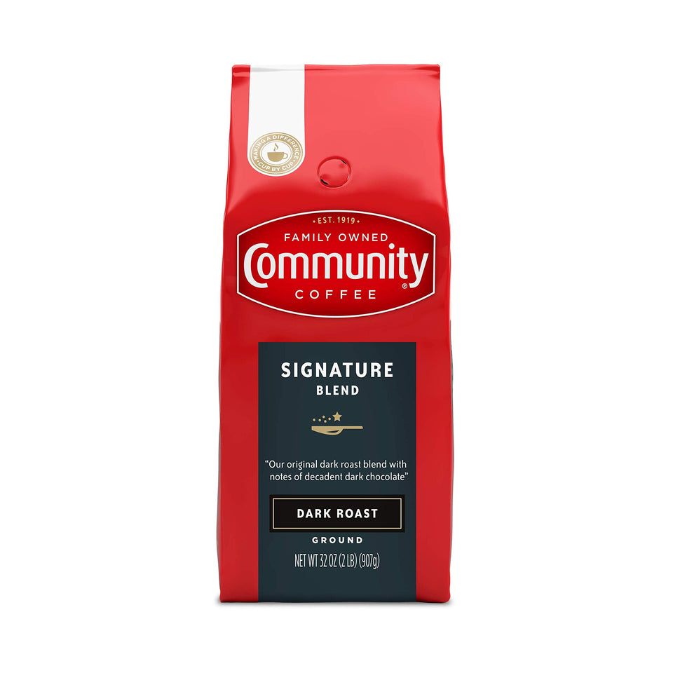 Community Coffee Signature Blend 32oz bag, rich dark roast ideal for drip or cold brew.
