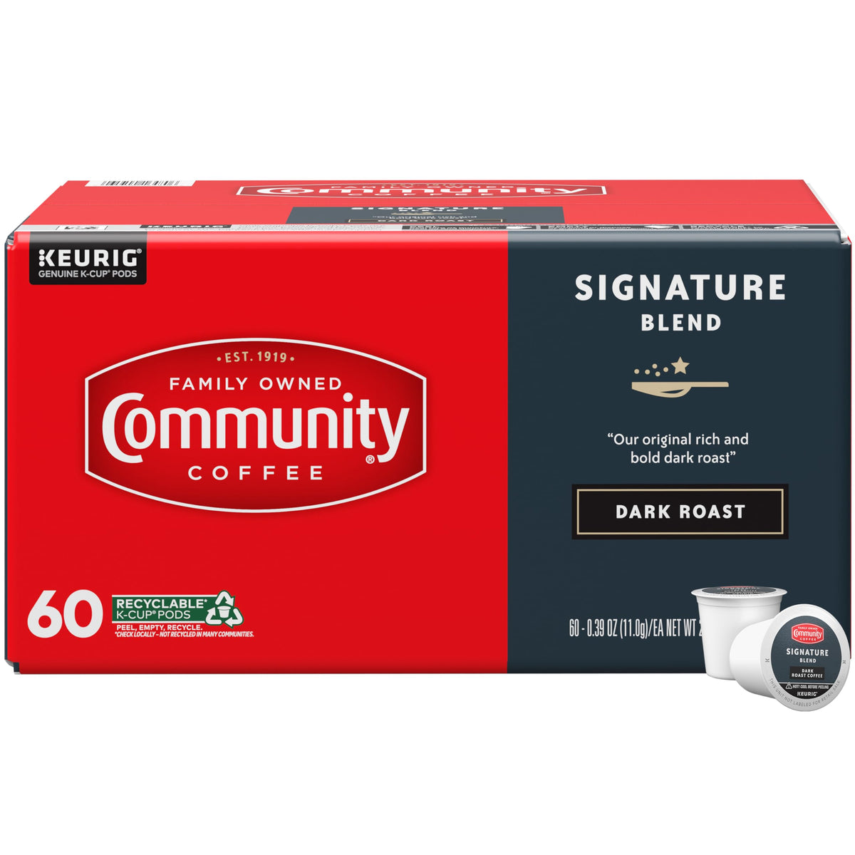 Community Coffee Signature Blend 60-count pods boxed for Keurig brewers, quick mornings