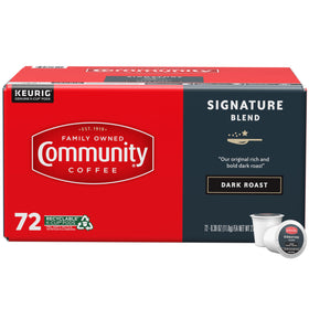 Community Coffee Signature Blend 72-count pods for a rich morning cup.