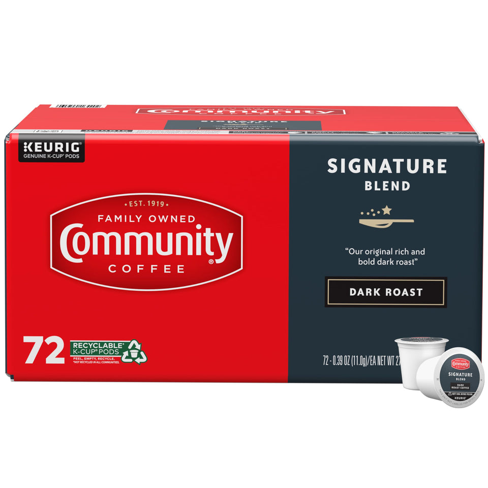 Community Coffee Signature Blend 72-count pods for a rich morning cup.