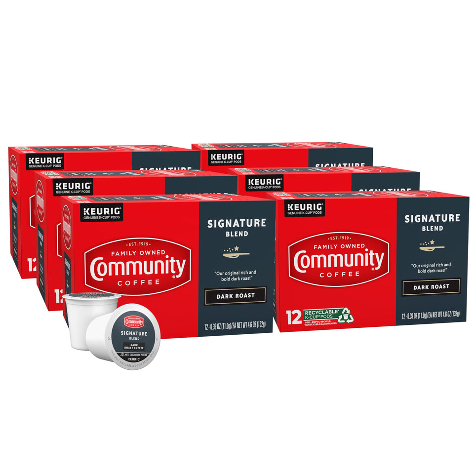 Community Coffee Signature Blend pods arranged for fast, flavorful morning brews.