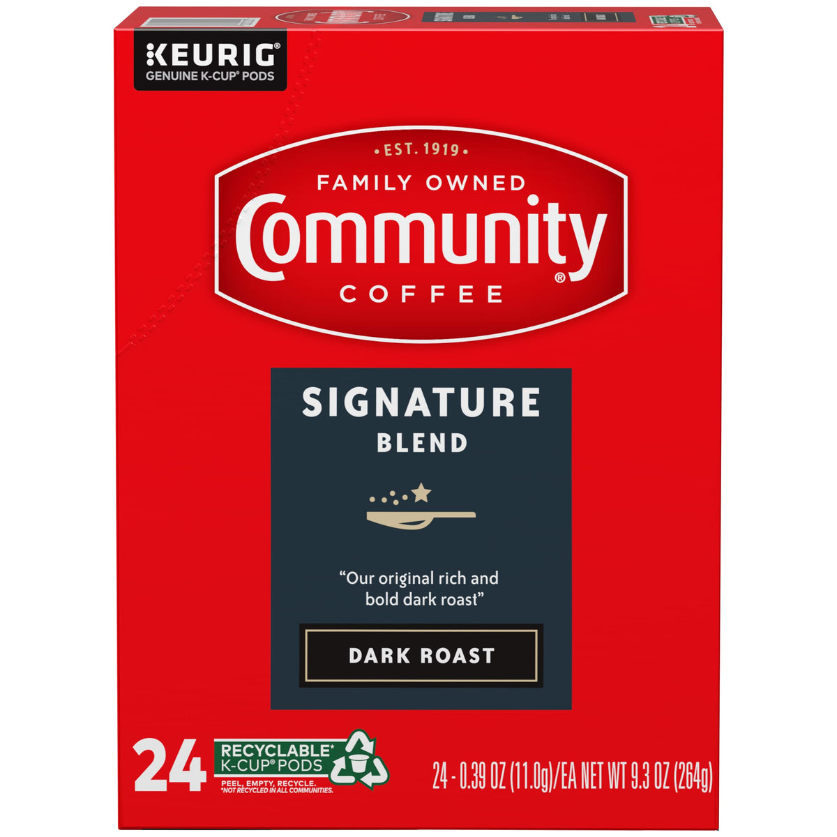 Community Coffee Signature Blend brewed cup with steam suggests a comforting morning ritual.