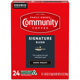 Community Coffee Signature Blend brewed cup with steam suggests a comforting morning ritual.