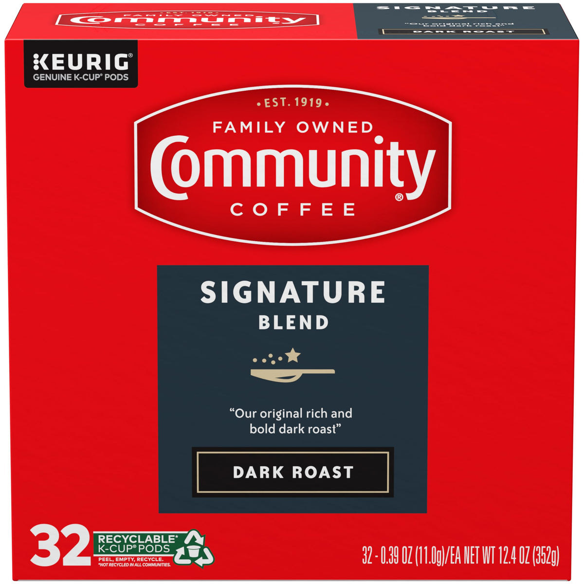 32-count box of Community Coffee Signature Blend Dark Roast pods for daily convenience.