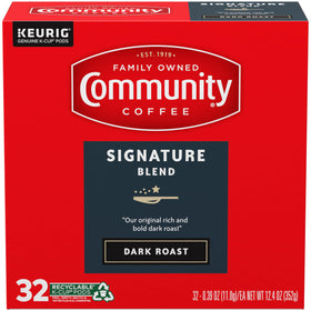32-count box of Community Coffee Signature Blend Dark Roast pods for daily convenience.