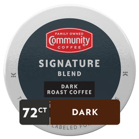Community Coffee Signature Blend dark roast beans delivering rich chocolate notes.