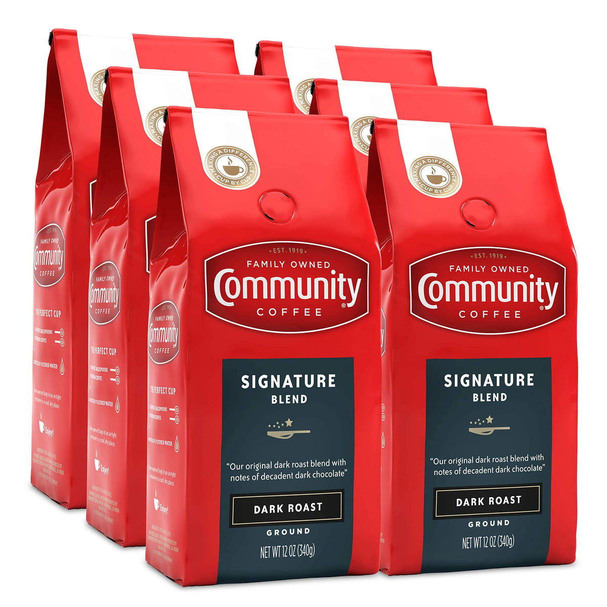 Community Coffee Signature Blend Dark Roast ground coffee bags ready for daily drip brewing