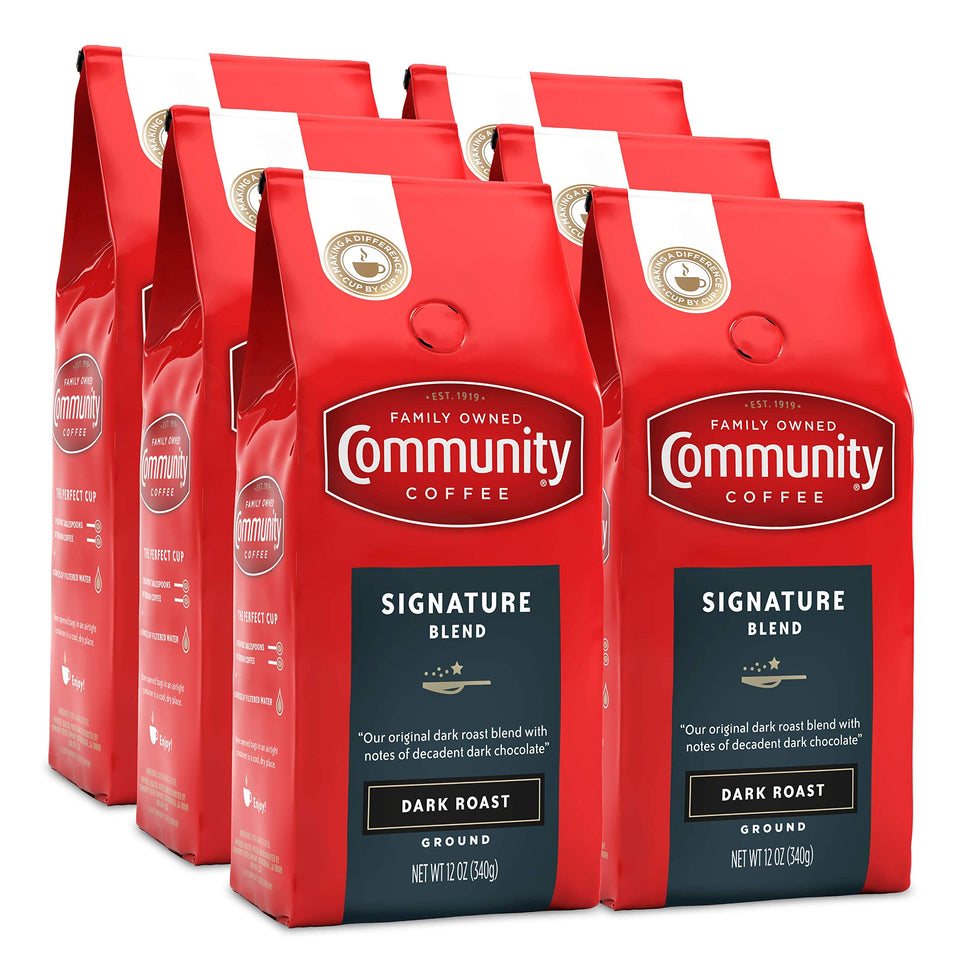 Community Coffee Signature Blend Dark Roast ground coffee bags ready for daily drip brewing