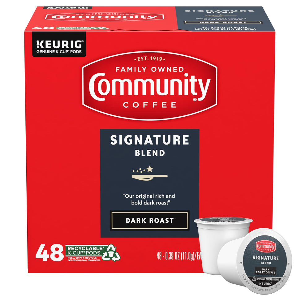 Community Coffee Signature Blend Dark Roast K-Cup pods for Keurig, delivering a rich, smooth cup with chocolate notes.