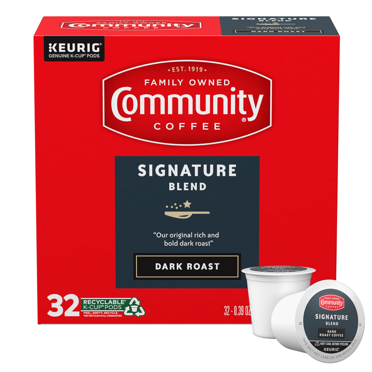 Community Coffee Signature Blend Dark Roast pods box ready for daily use.