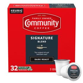Community Coffee Signature Blend Dark Roast pods box ready for daily use.