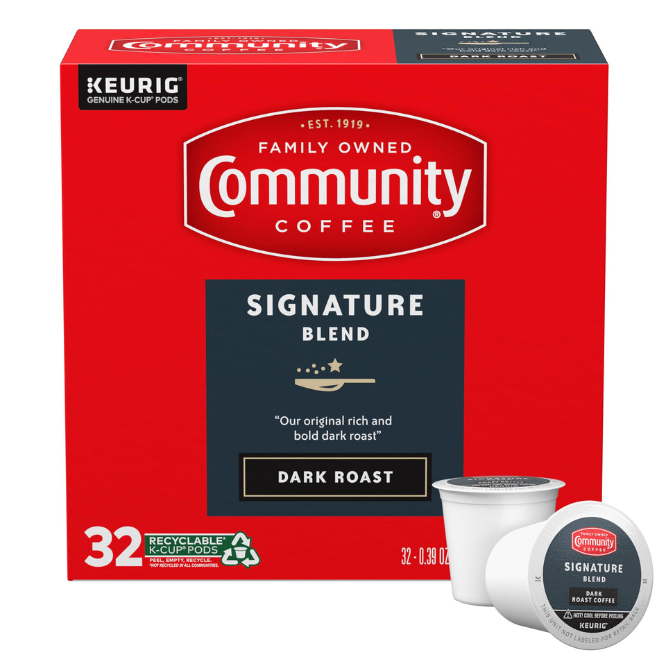 Community Coffee Signature Blend Dark Roast pods box ready for daily use.