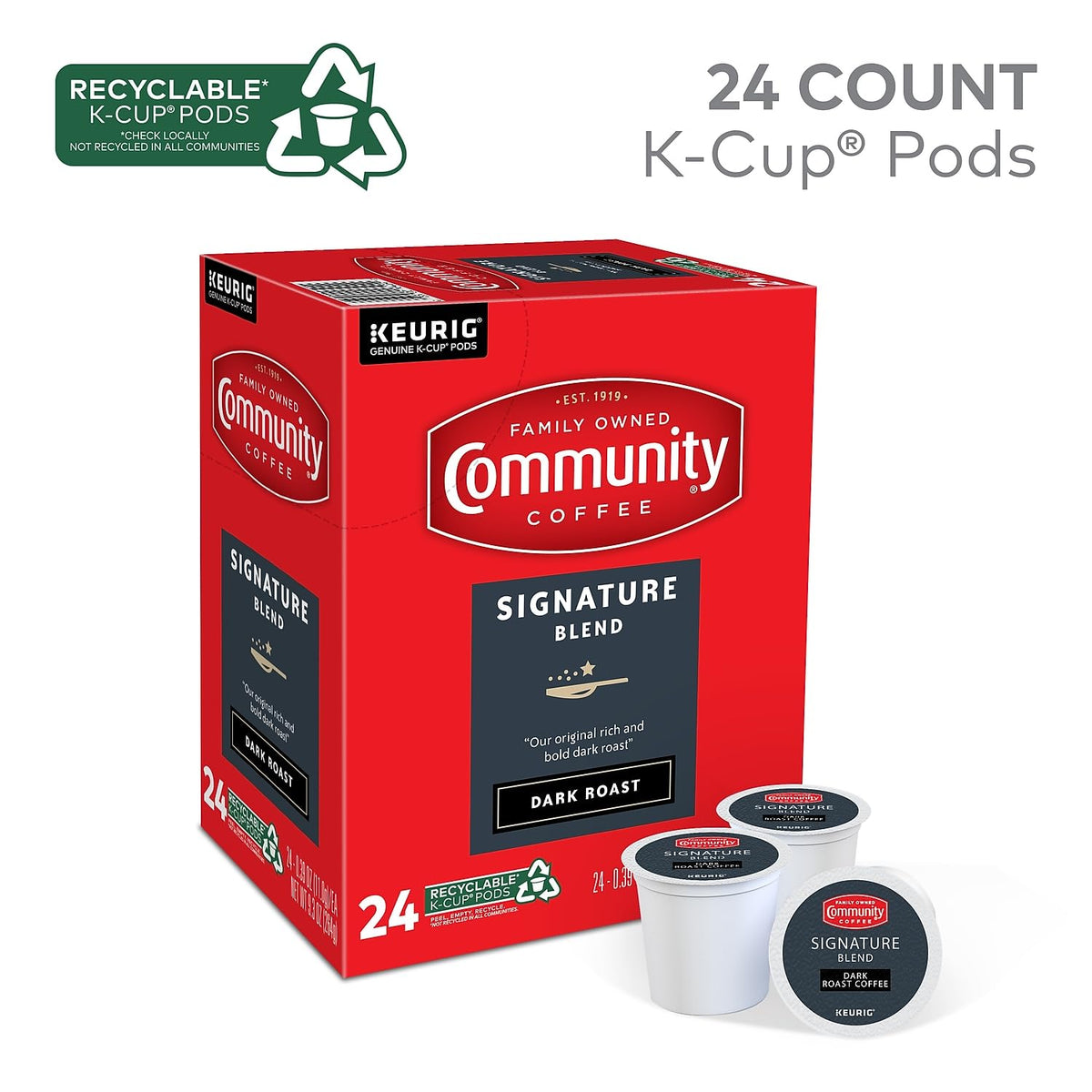 Signature Blend dark roast pods with rich aroma and bold flavor