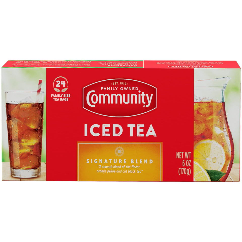 Community Coffee Signature Iced Tea bags in a 24-pack box for home iced tea