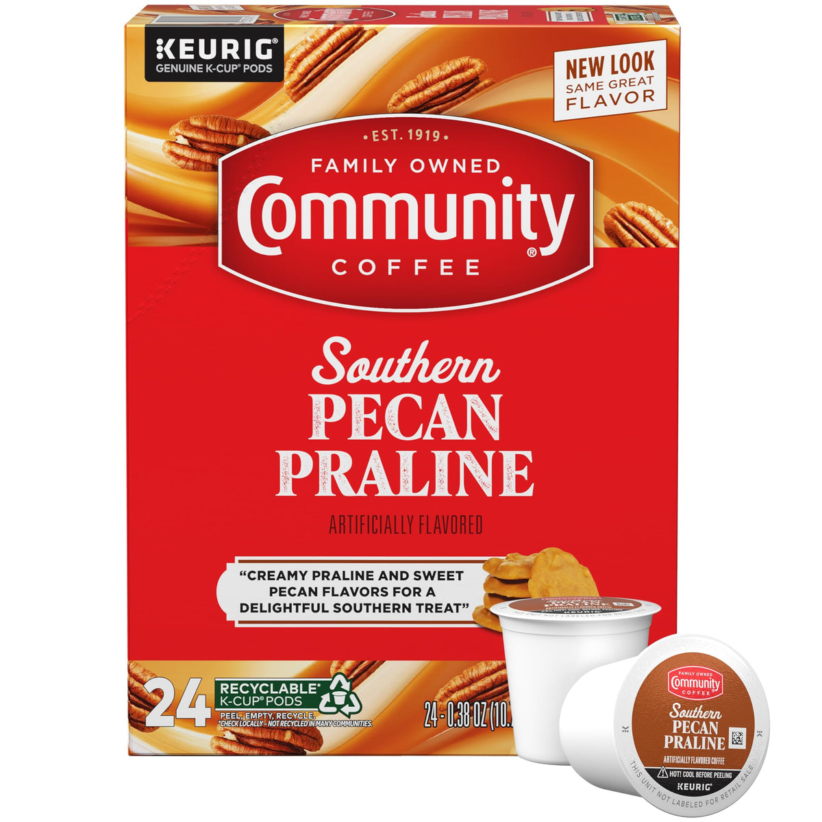 Community Coffee Southern Pecan Praline K-Cup pods for quick, flavorful mornings.