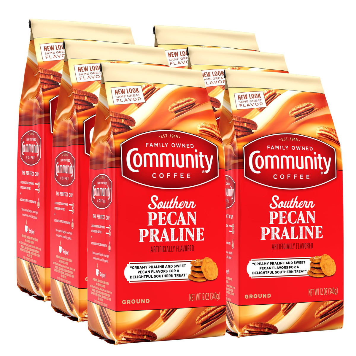 Community Coffee Southern Pecan Praline six-pack display for easy family servings.