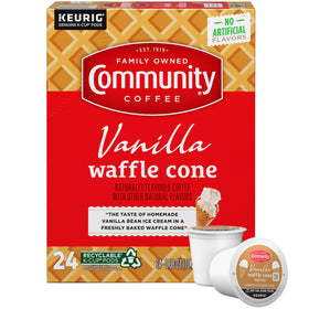 Community Coffee vanilla waffle cone pod cup, rich vanilla flavor for quick indulgence.