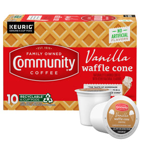Community Coffee vanilla waffle cone pod close-up for rich flavor.