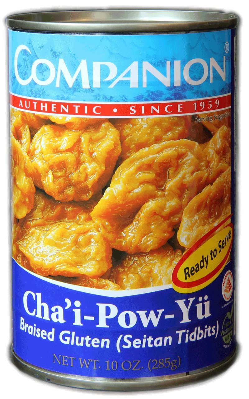 Companion Braised Gluten Seitan Tidbits in cans, convenient 6-pack for quick meals.