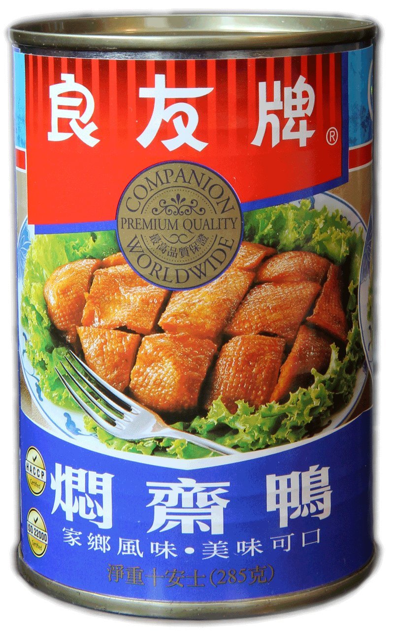 Companion Foods Peking Vegetarian Roast Duck opened can-shredded for quick meals.