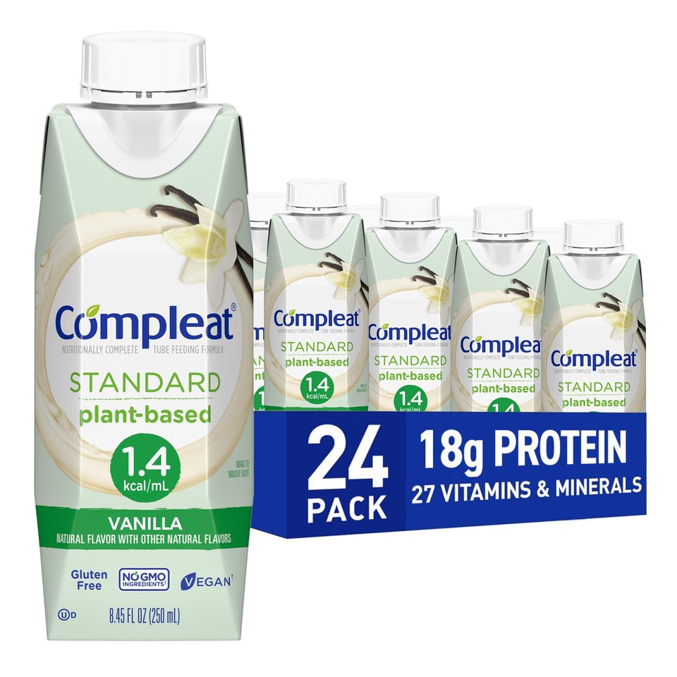 Compleat Standard 1-4ml vanilla tube feeding image shows convenient plant-based complete nutrition.