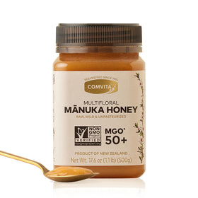 COMVITA Manuka Honey bottle near a teacup, ideal for daily rituals and flavor enhancement.
