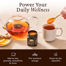Drizzle of Comvita Manuka honey into tea for enhanced flavor.