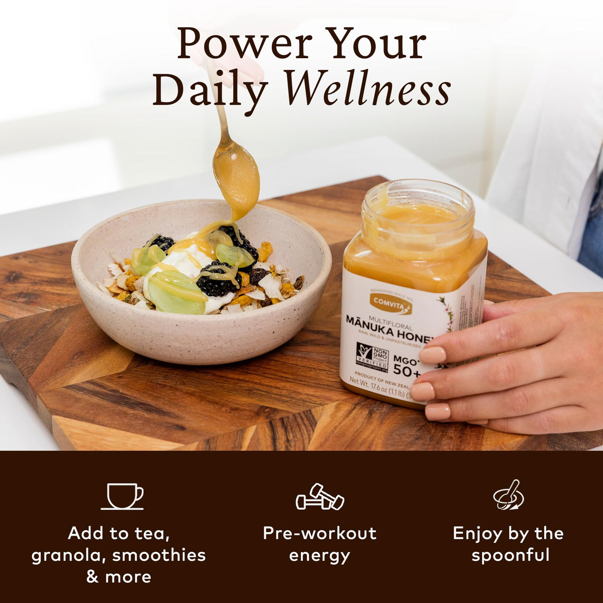 COMVITA Manuka Honey label closeup, highlighting MGO 50+ and traceable origins.