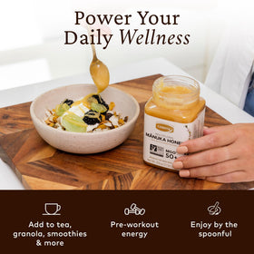 COMVITA Manuka Honey label closeup, highlighting MGO 50+ and traceable origins.