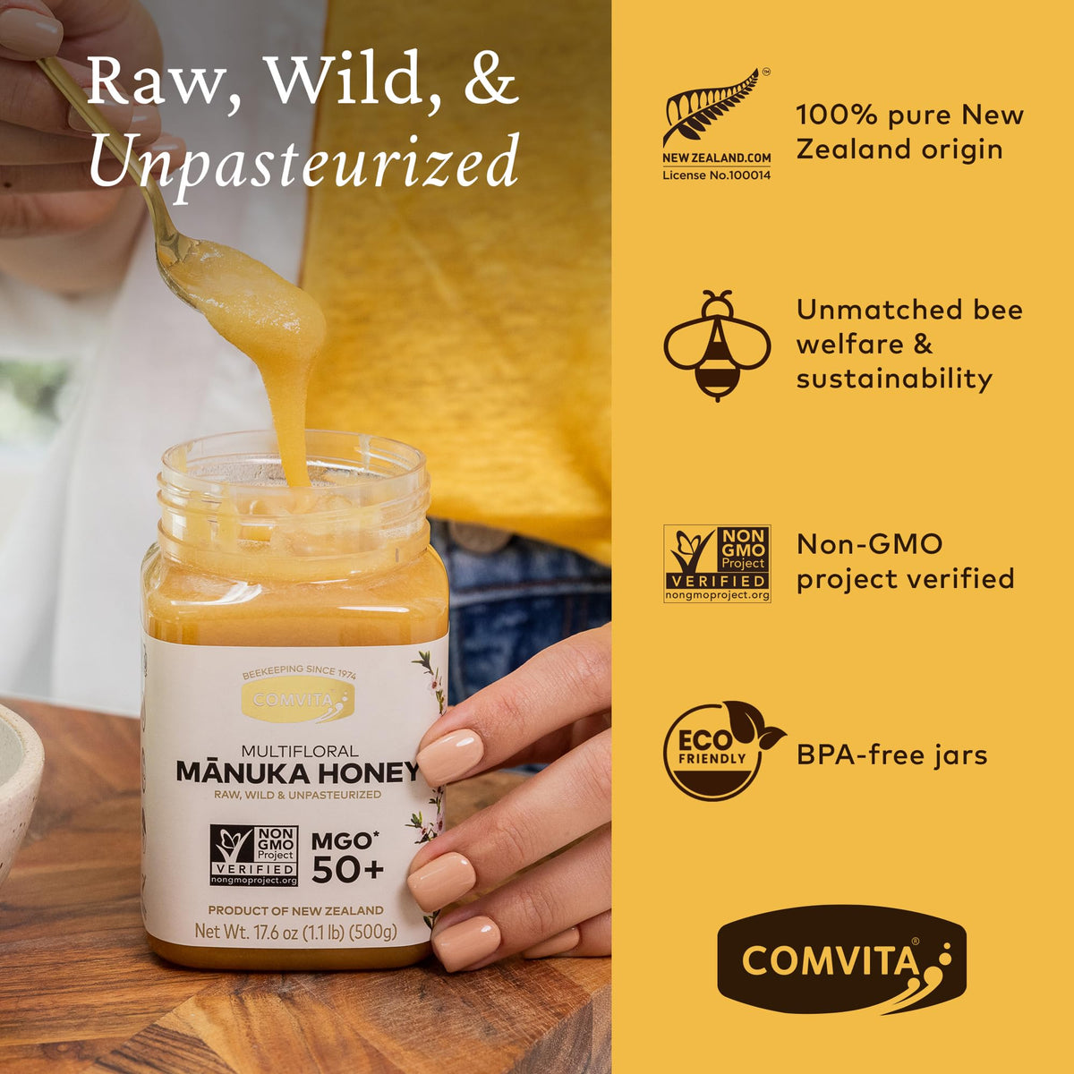COMVITA Manuka Honey spoon-dip, smooth texture perfect for drizzle over yogurt or oats.