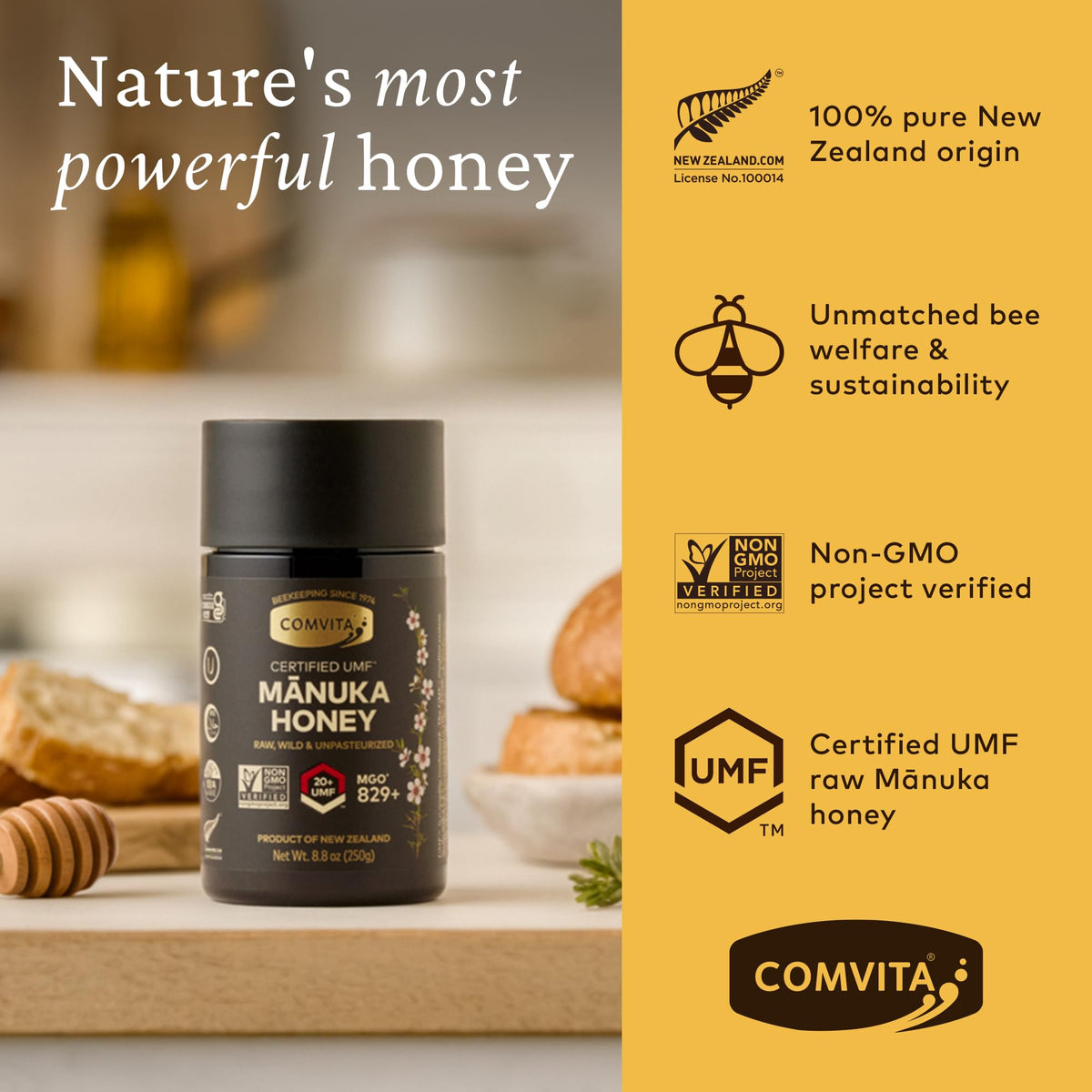 Comvita Manuka Honey spoon drizzle, creamy texture enhances yogurt or oats.