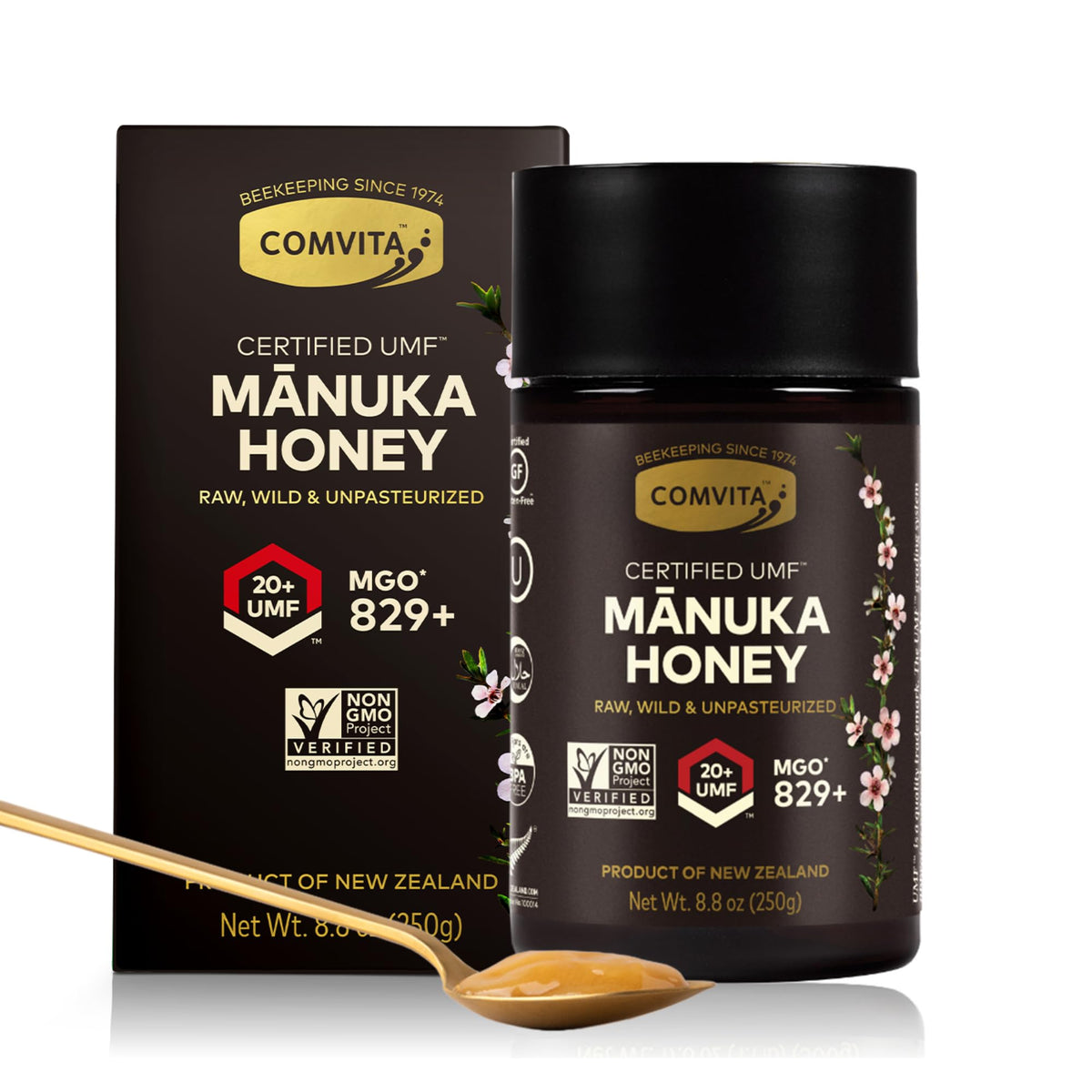 Comvita Manuka Honey UMF 20+ bottle with label, ideal for daily tea or toast flavor.