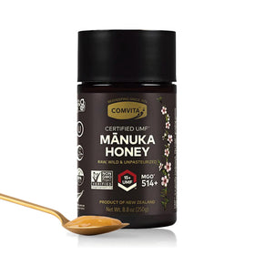 Comvita Manuka Honey UMF15 bottle close-up, ideal for tea and yogurt.