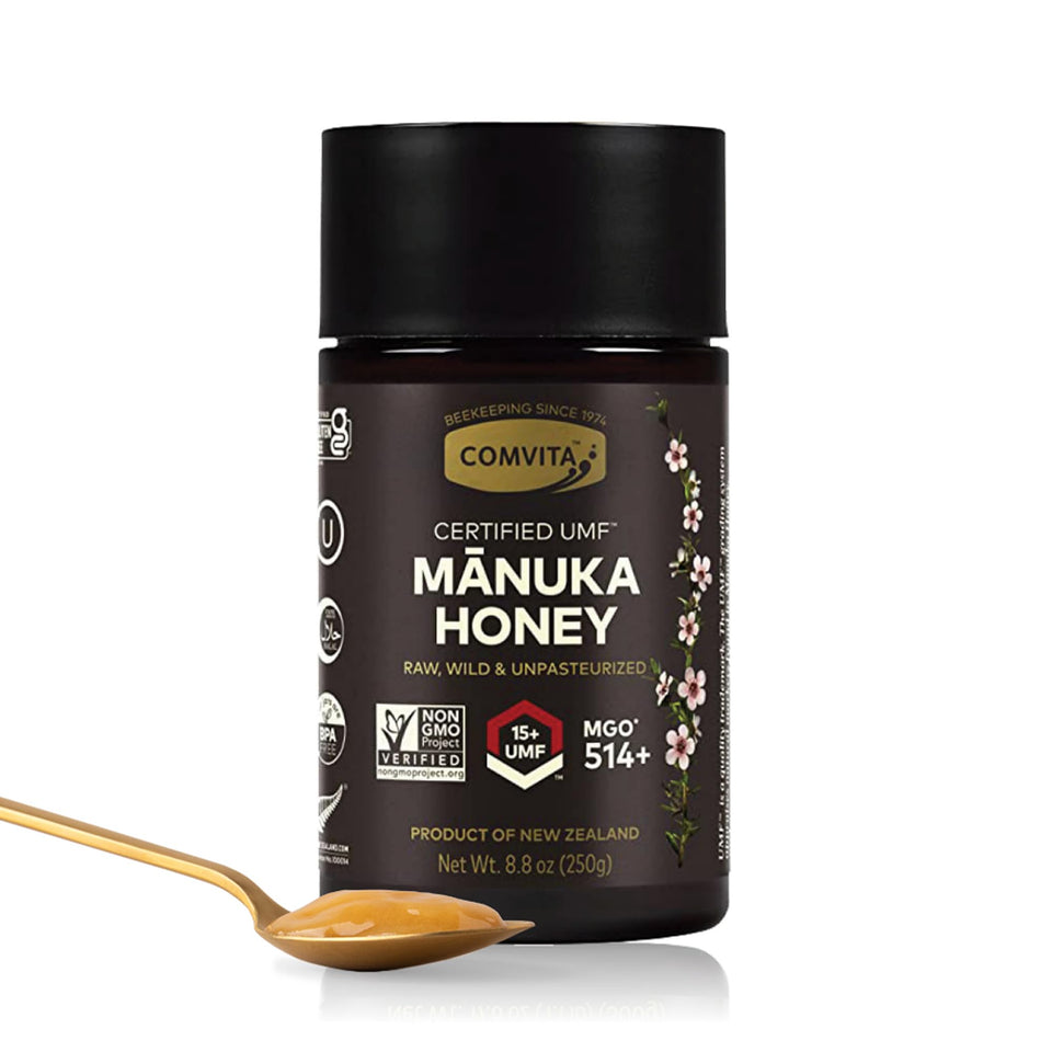 Comvita Manuka Honey UMF15 bottle close-up, ideal for tea and yogurt.