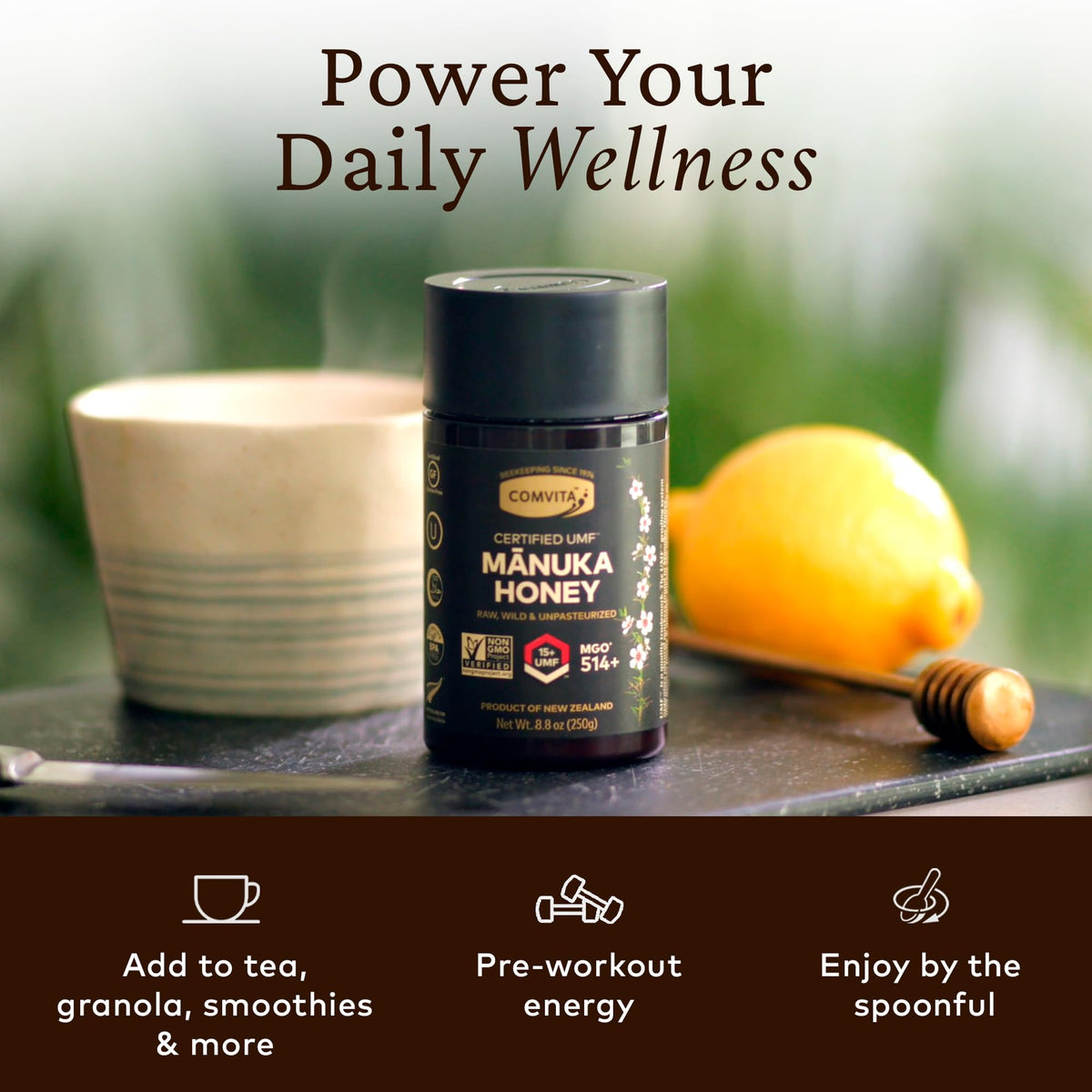 Comvita Manuka Honey UMF15 forest-origin nectar in natural setting.