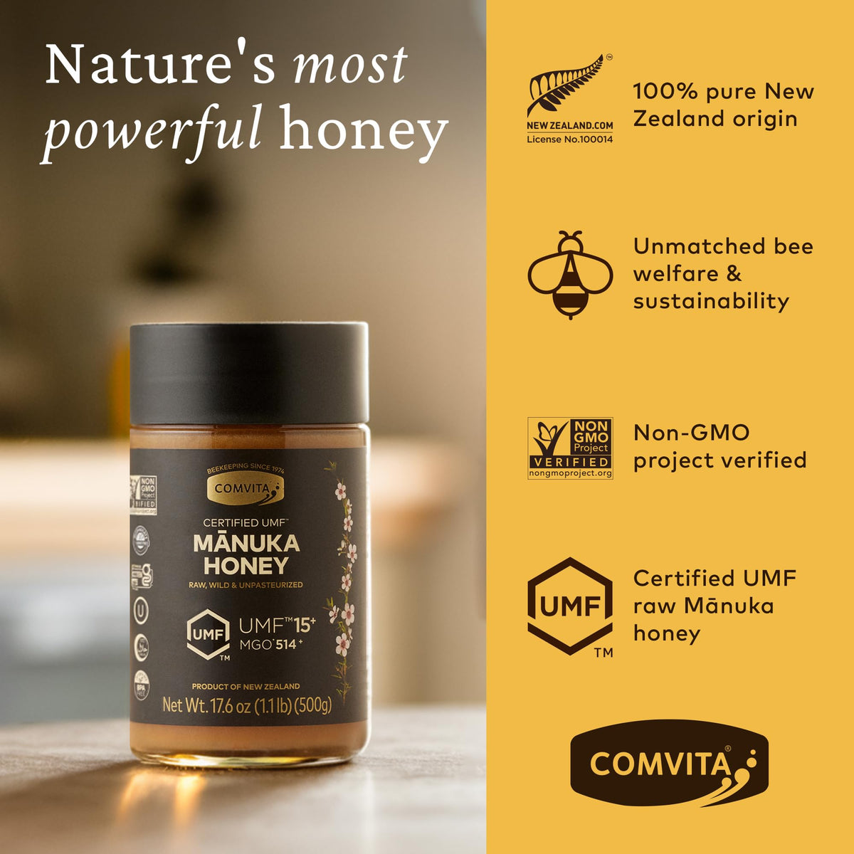 Comvita Manuka Honey UMF 15+ spoon dip showing creamy texture