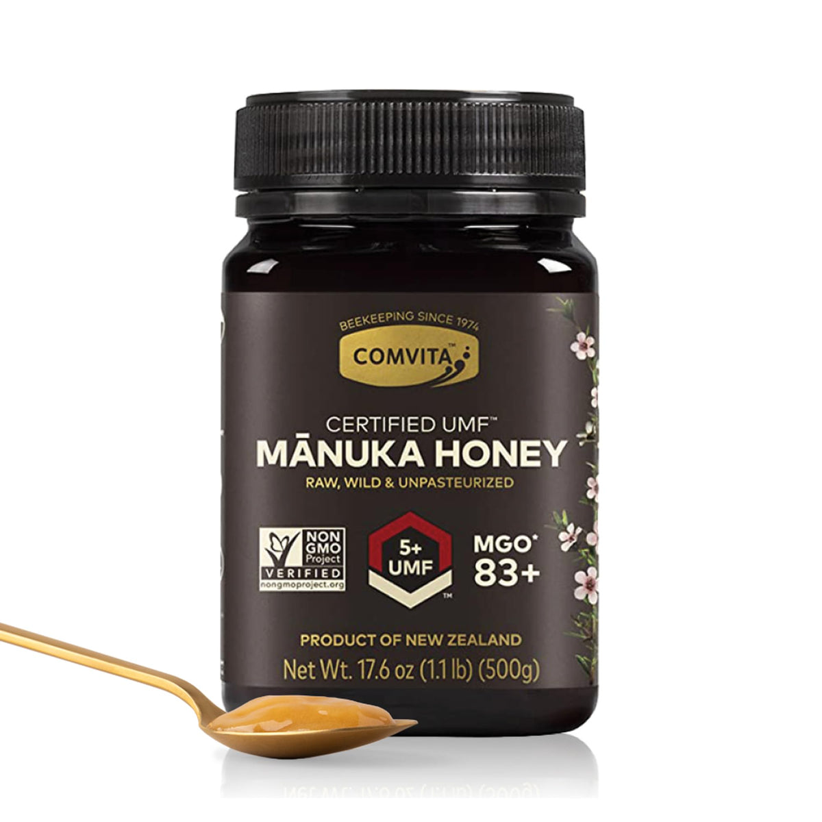 Comvita Manuka Honey UMF5 jar with spoon, ideal for tea and breakfast drizzle.