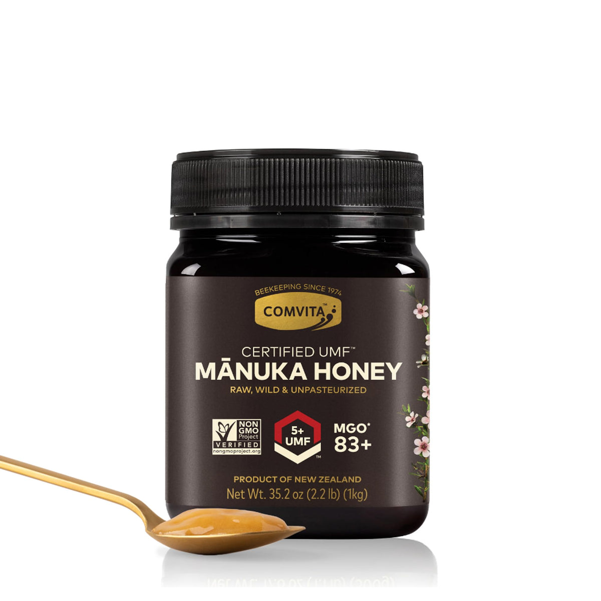 COMVITA Manuka Honey UMF5+ bottle, ideal for adding to tea or yogurt.