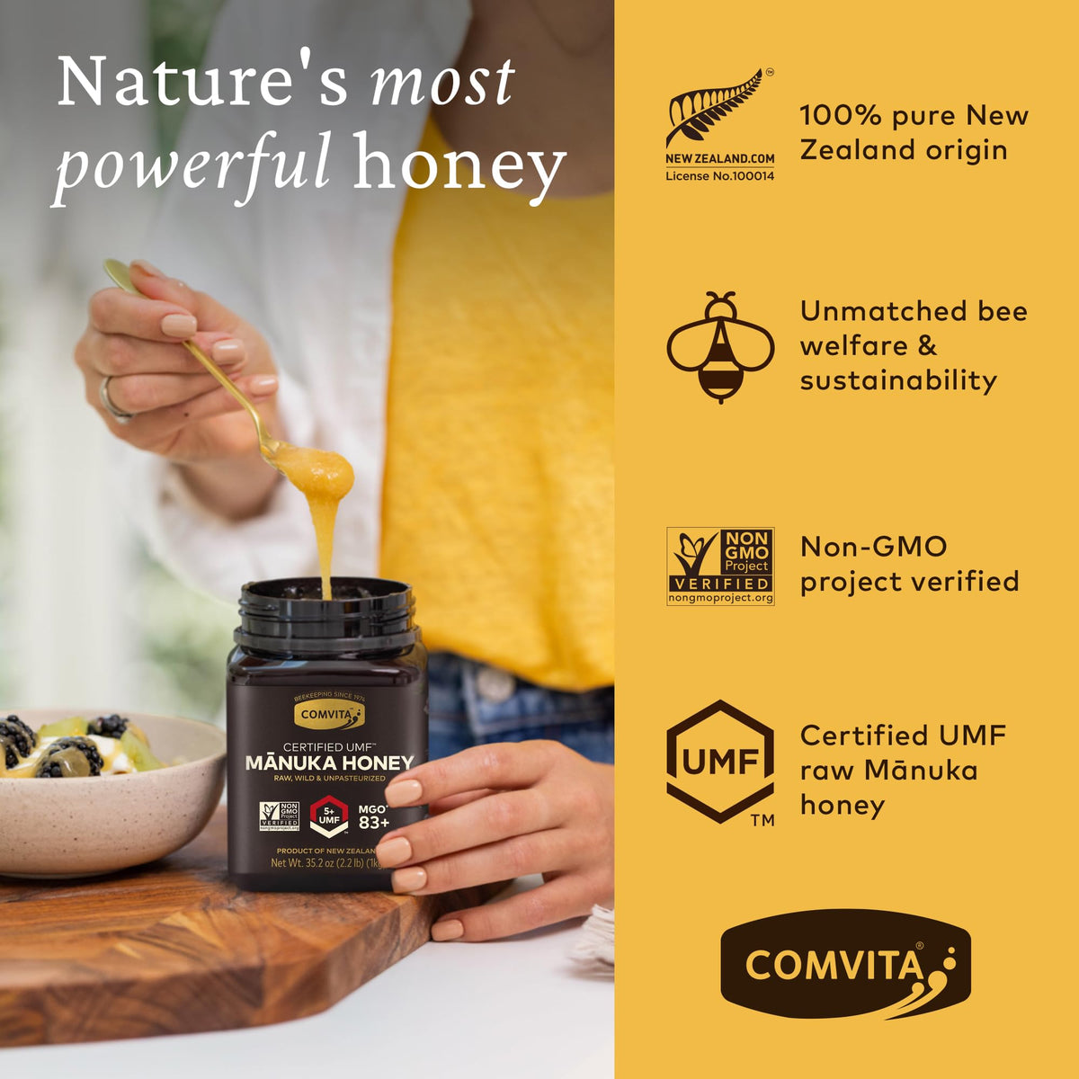 COMVITA UMF5+ label close-up, signaling certified quality and authenticity.